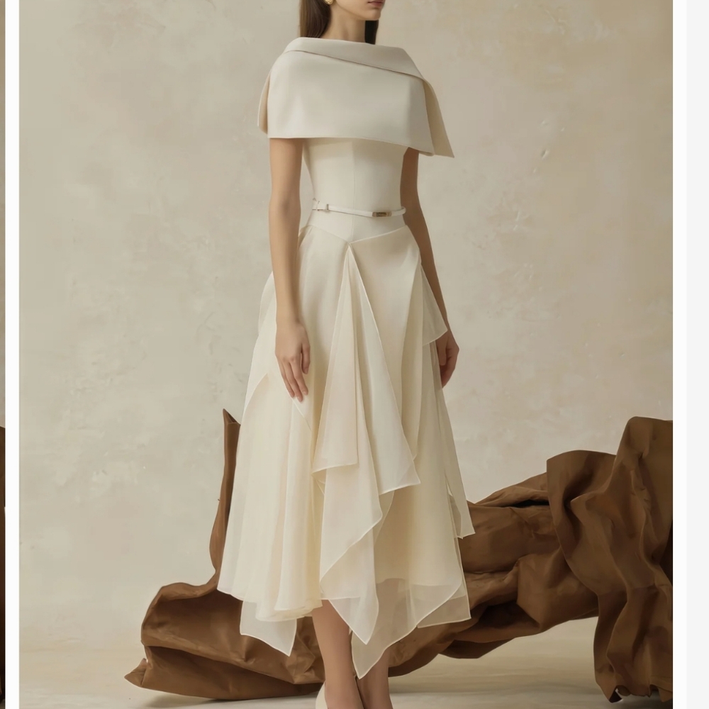 Elegant Off-white Layered Midi Dress